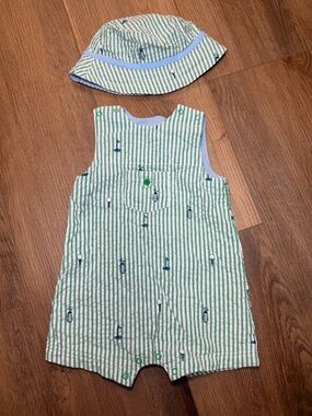 Little Me Golf Baby Boy Sunsuit Set 9M Seersucker Romper Cotton Preppy Hat EUC